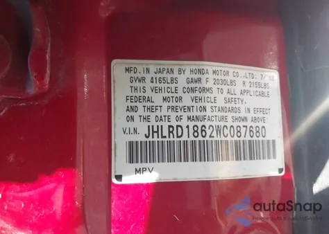 1998 Honda Cr-V Ex z USA, uszkodzony, nr VIN JHLRD1862WC087680